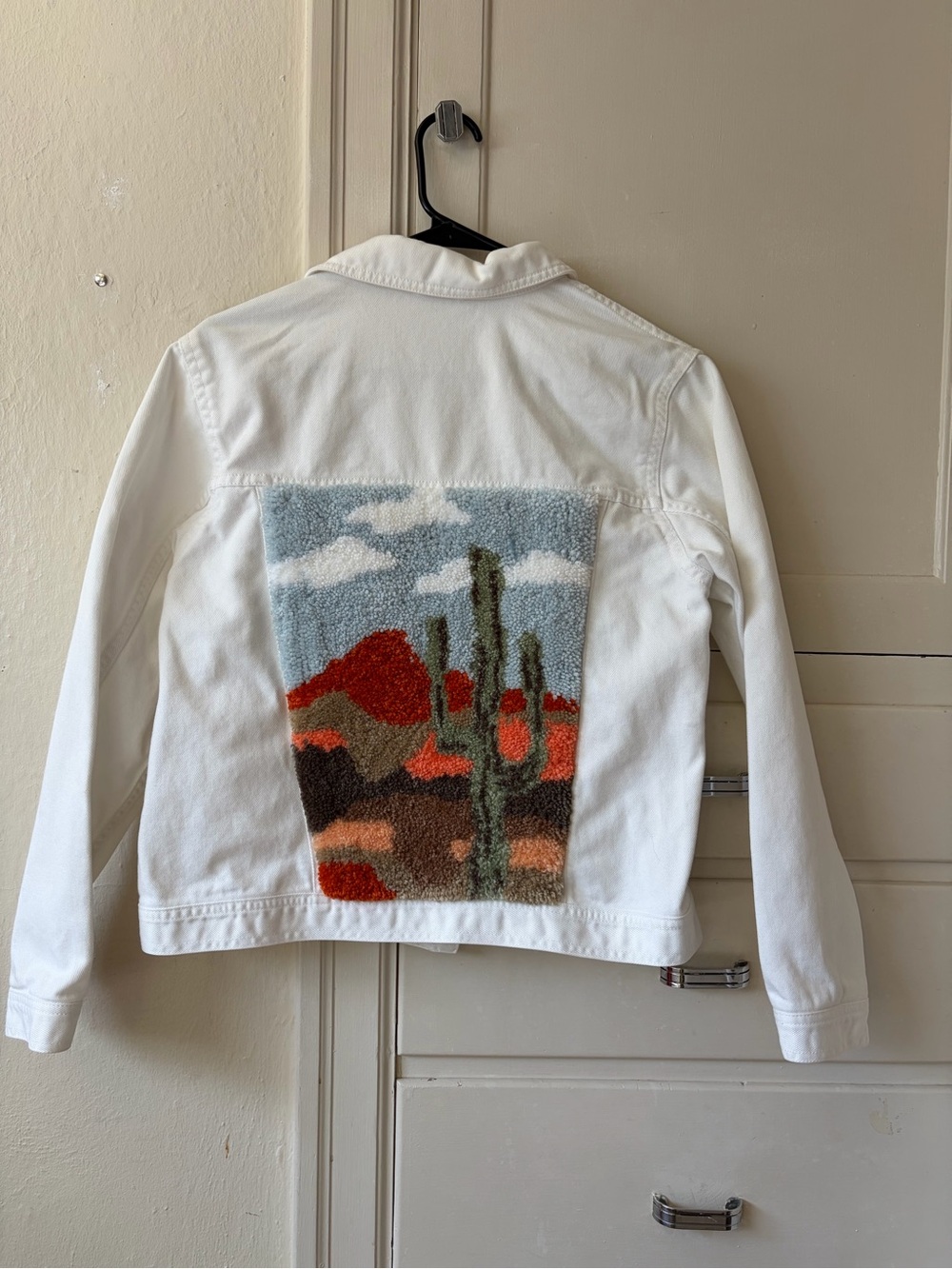 White Women's Embroidered Desert Patch Jean Jacket